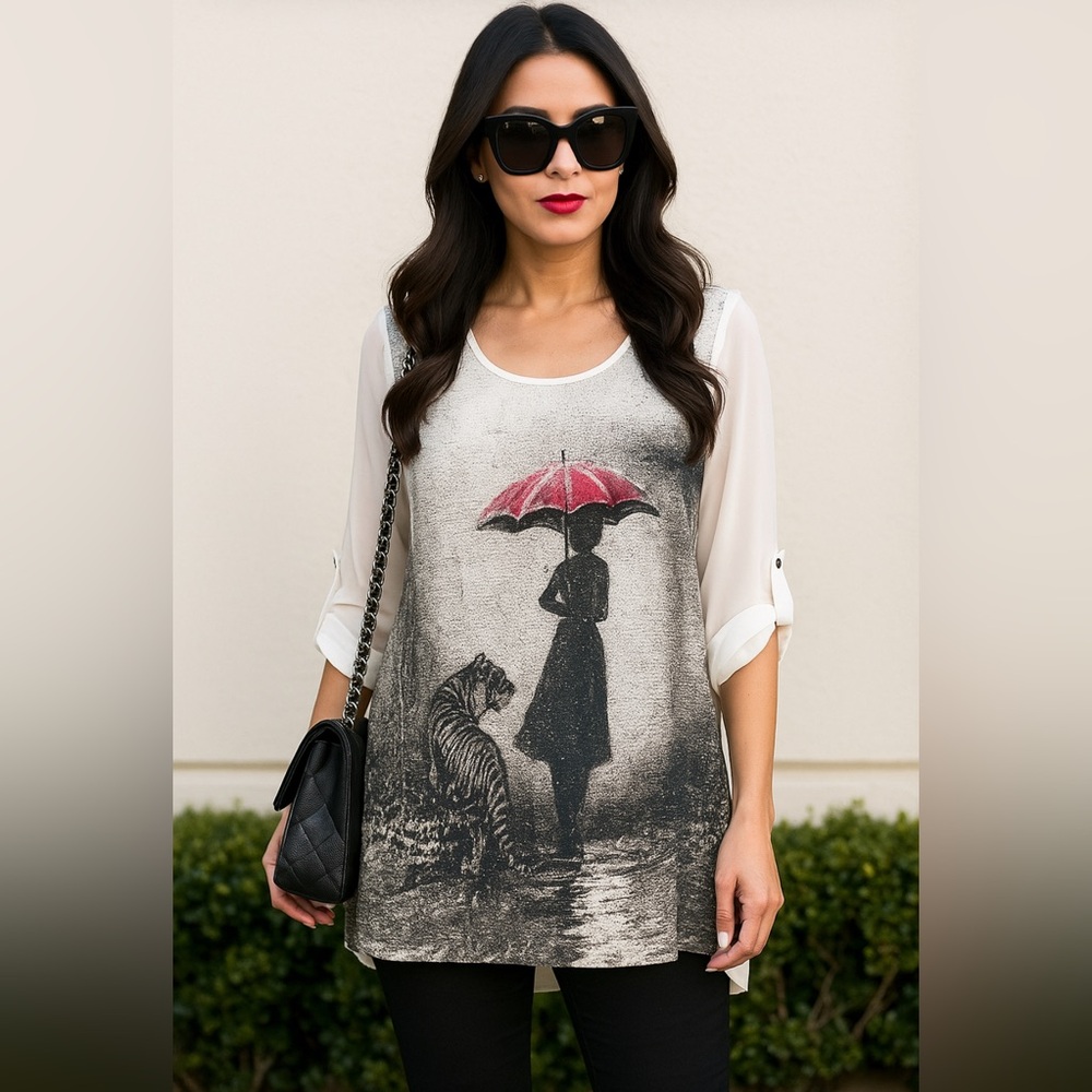 Stunning Graphic Tunic Blouse – Woman with Umbrella & Tiger | Statement Piece